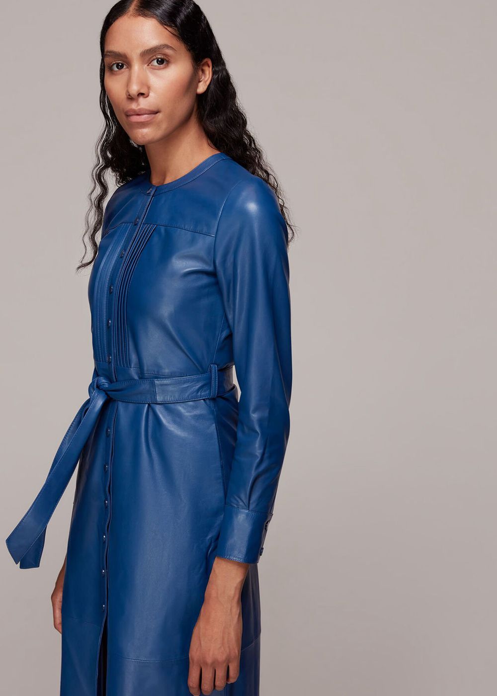 Whistles Pintuck Leather Midi Dress Navy | US-48059QMJF