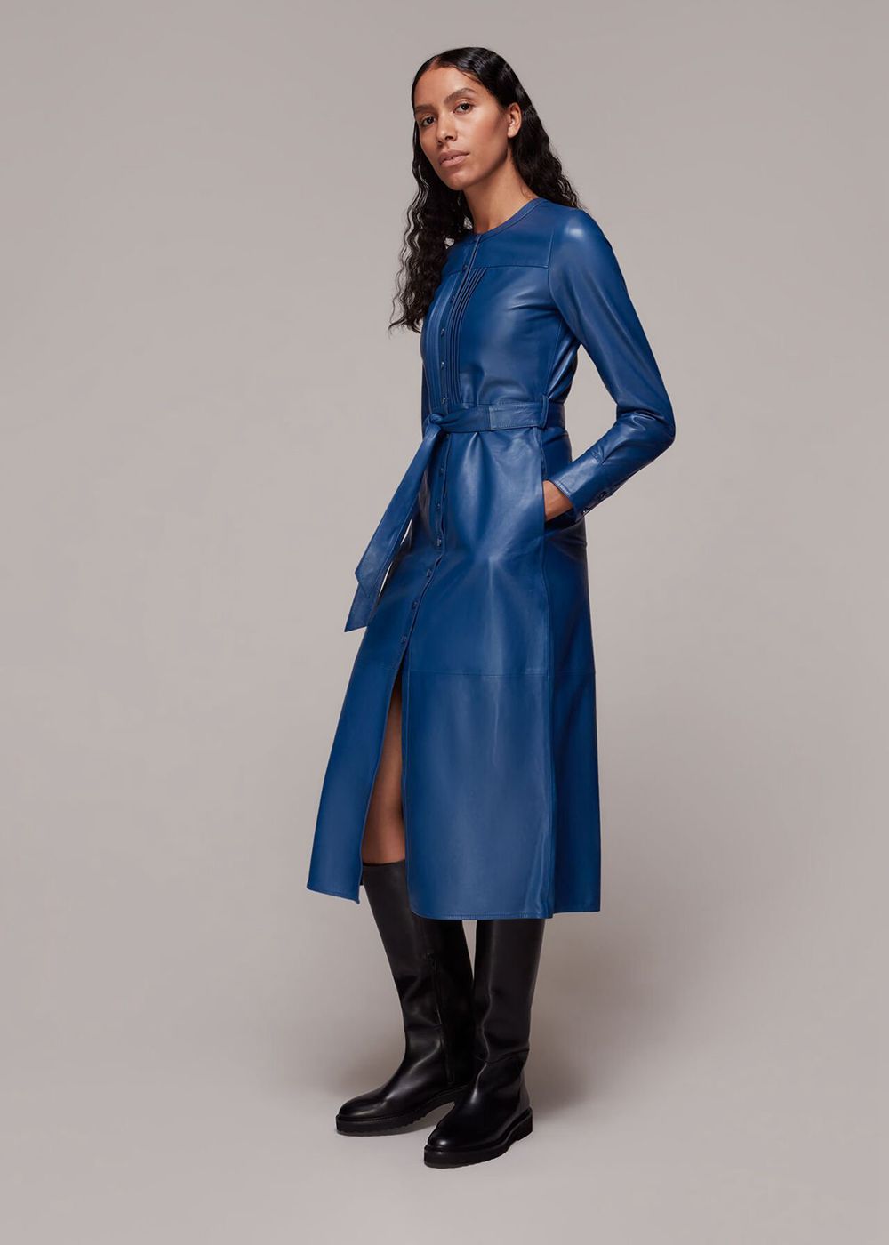 Whistles Pintuck Leather Midi Dress Navy | US-48059QMJF