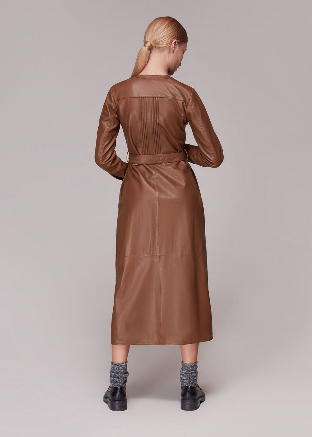 Whistles Pintuck Leather Midi Dress Toffee | US-60239UKLB