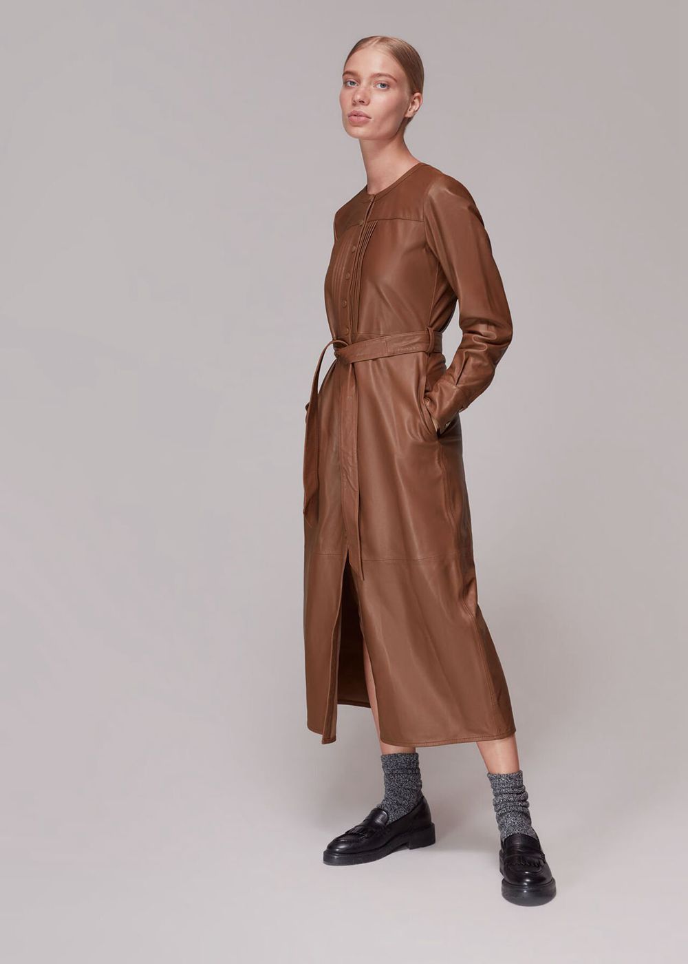 Whistles Pintuck Leather Midi Dress Toffee | US-60239UKLB