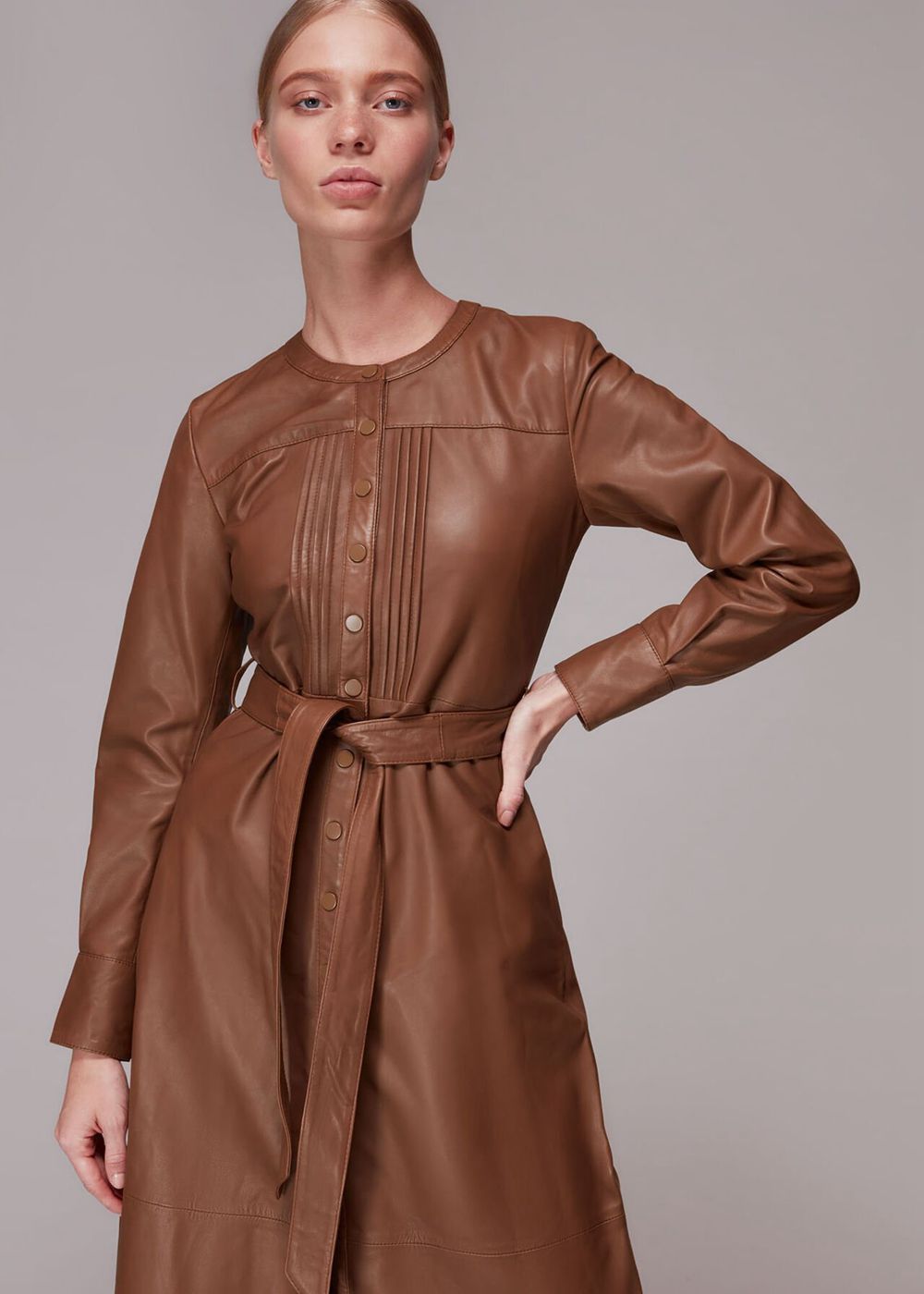 Whistles Pintuck Leather Midi Dress Toffee | US-60239UKLB