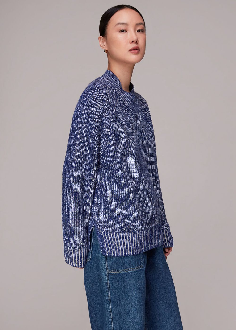 Whistles Plated Rib V Neck Jumpers Blue | US-05718RZAK