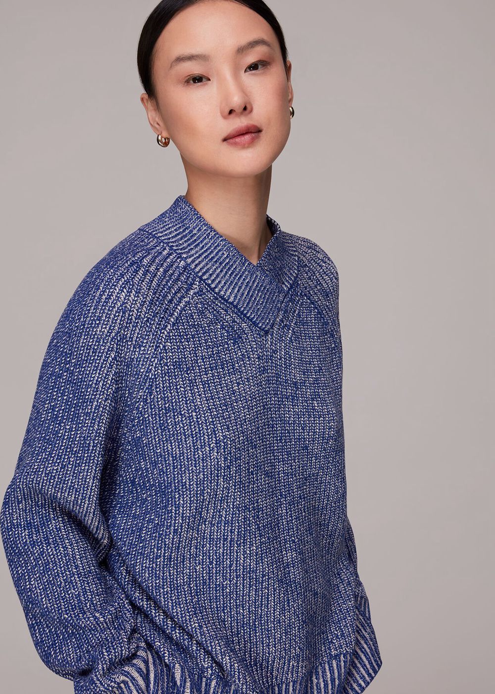 Whistles Plated Rib V Neck Jumpers Blue | US-05718RZAK