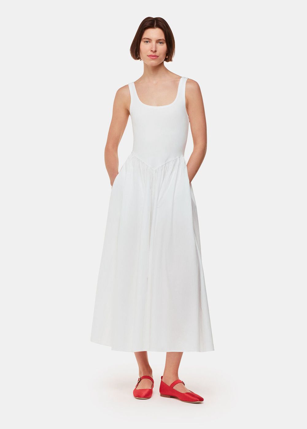 Whistles Poplin Cotton Mix Midi Dress White | US-36095SGQZ