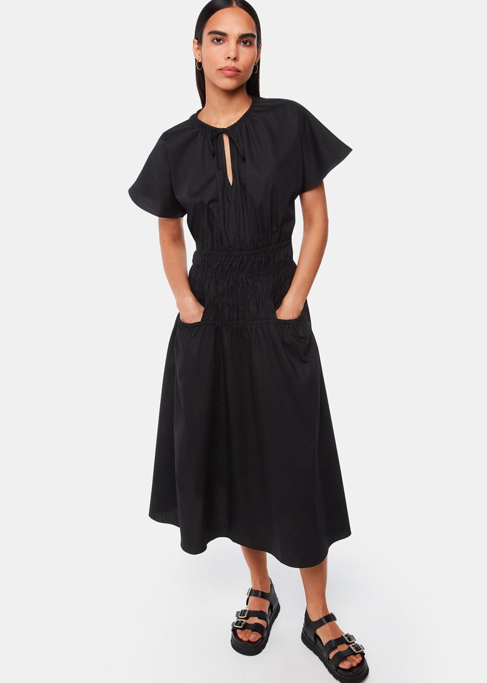 Whistles Poplin Shirred Dress Black | US-06497BGXM