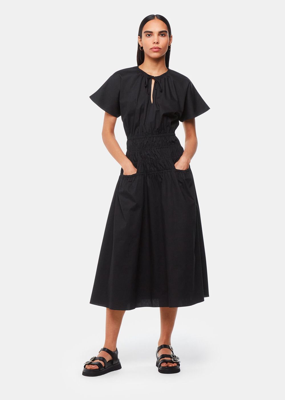 Whistles Poplin Shirred Dress Black | US-06497BGXM