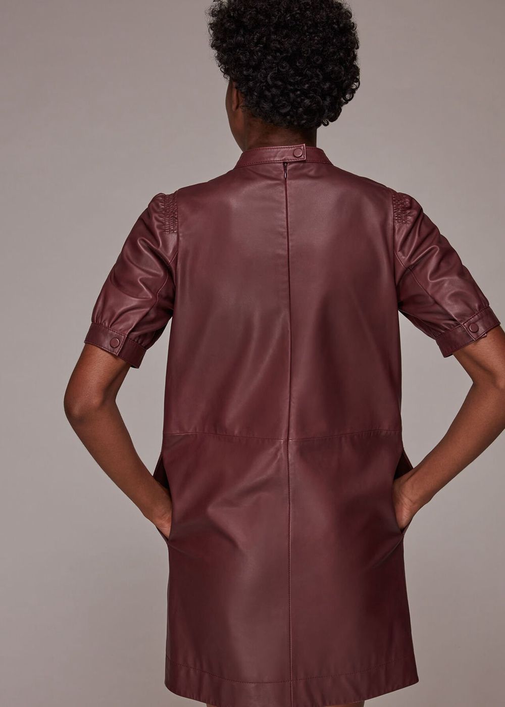 Whistles Puff Sleeve Leather Dress Burgundy | US-30241OJWP