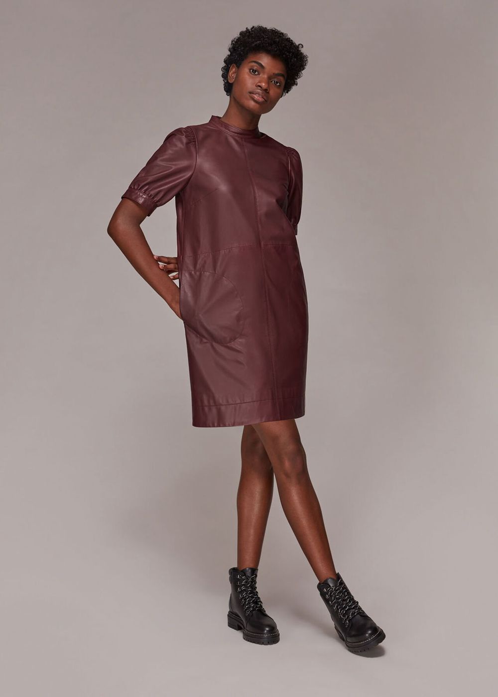 Whistles Puff Sleeve Leather Dress Burgundy | US-30241OJWP