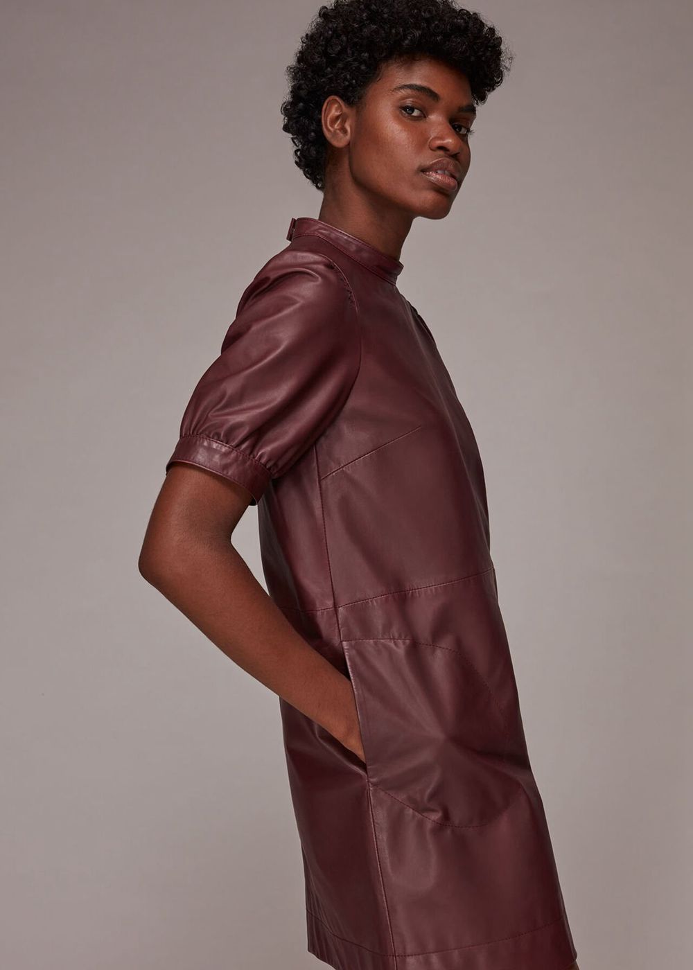 Whistles Puff Sleeve Leather Dress Burgundy | US-30241OJWP