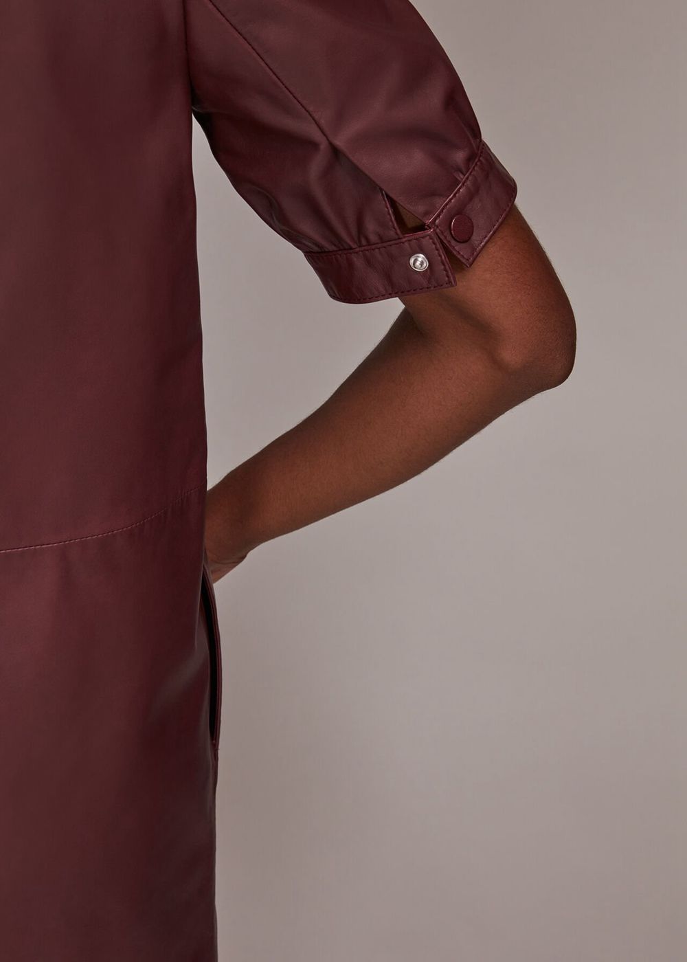 Whistles Puff Sleeve Leather Dress Burgundy | US-30241OJWP