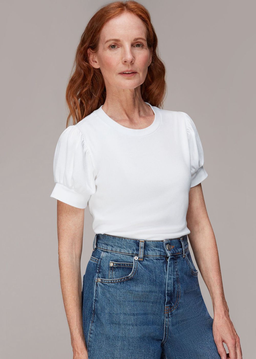 Whistles Puff Sleeve Rib T-Shirt White | US-29741ODTQ