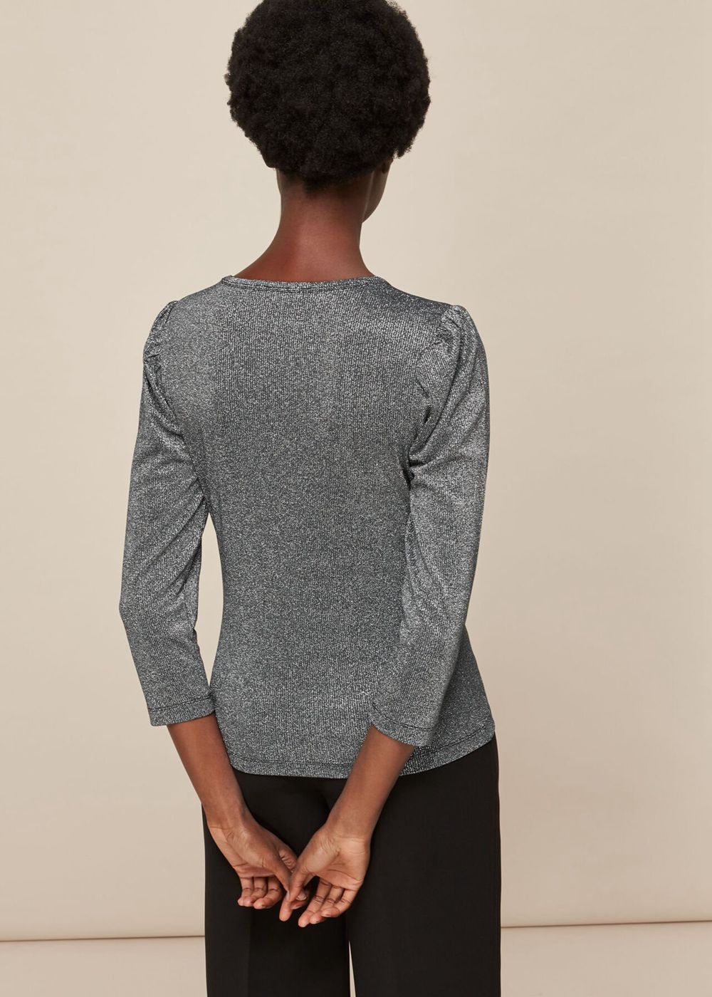 Whistles Puff Sleeve Sparkle Top Silver | US-68579FKTO