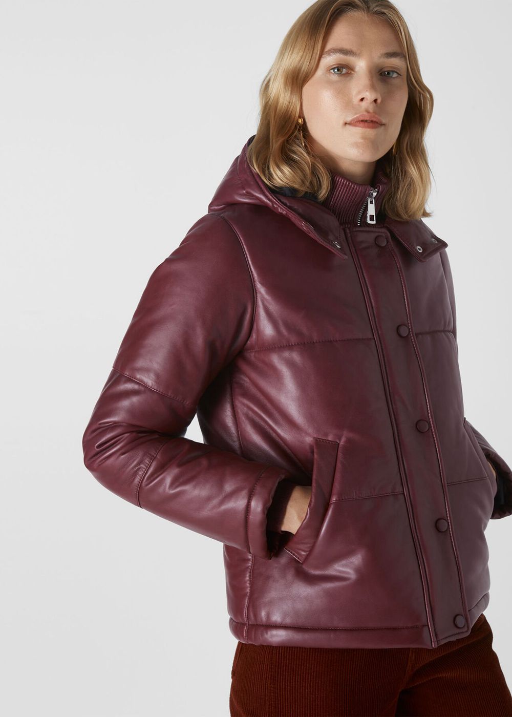 Whistles Puffer Leather Jacket Burgundy | US-53214GKZT