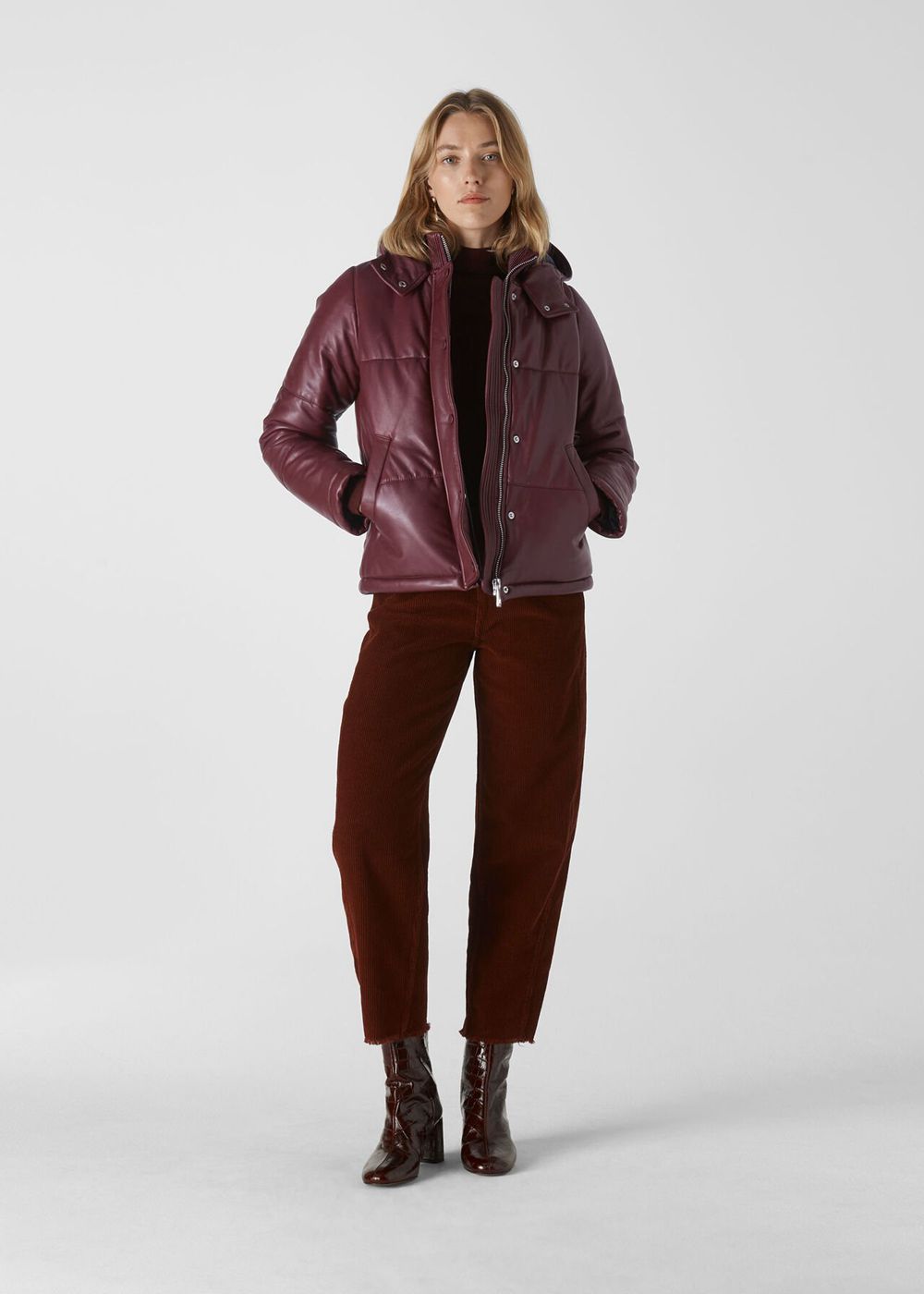 Whistles Puffer Leather Jacket Burgundy | US-53214GKZT