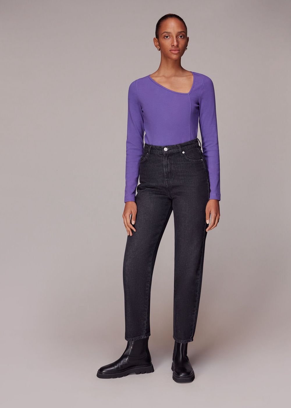 Whistles Ribbed Asymmetric V Neck Top Purple | US-67341YDJC