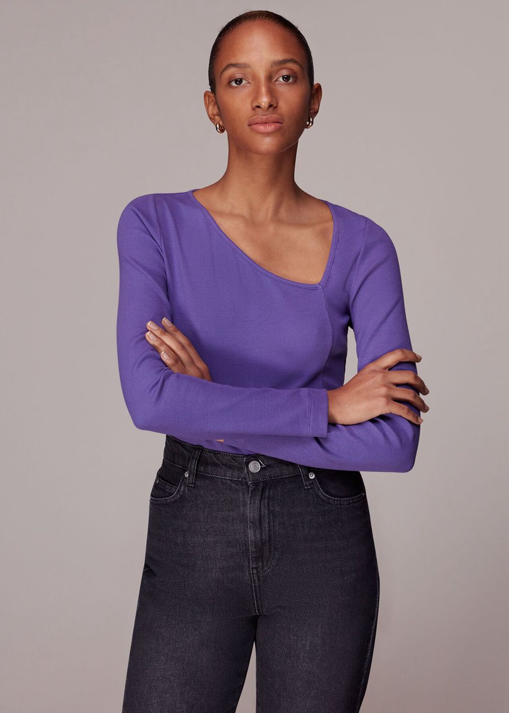 Whistles Ribbed Asymmetric V Neck Top Purple | US-67341YDJC