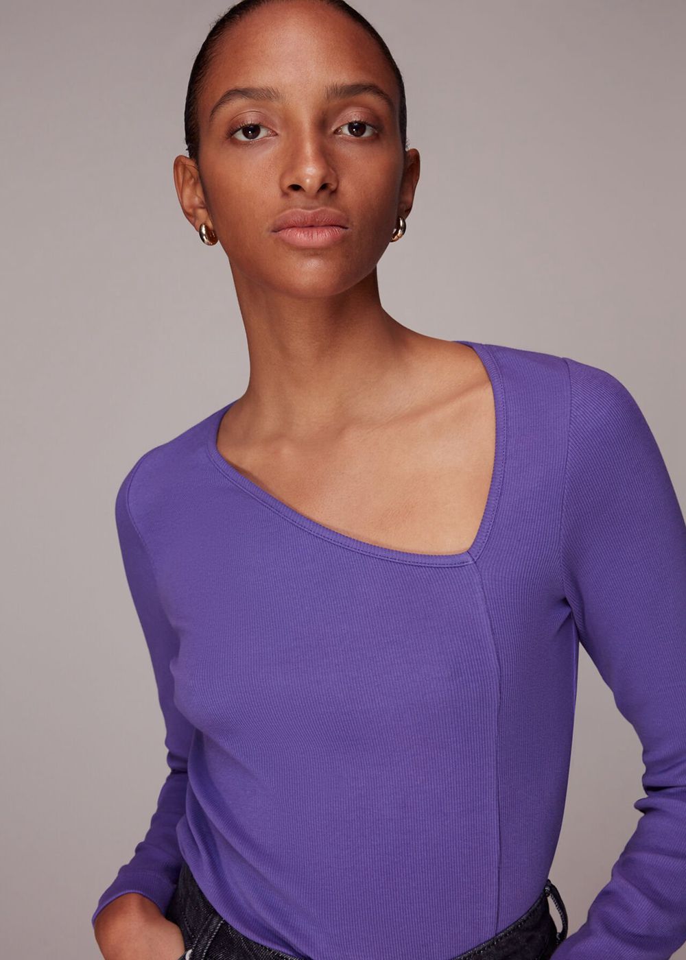 Whistles Ribbed Asymmetric V Neck Top Purple | US-67341YDJC