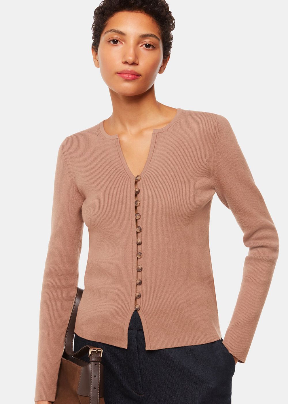 Whistles Ribbed Button Through Cardigan Neutral | US-35014ATZS