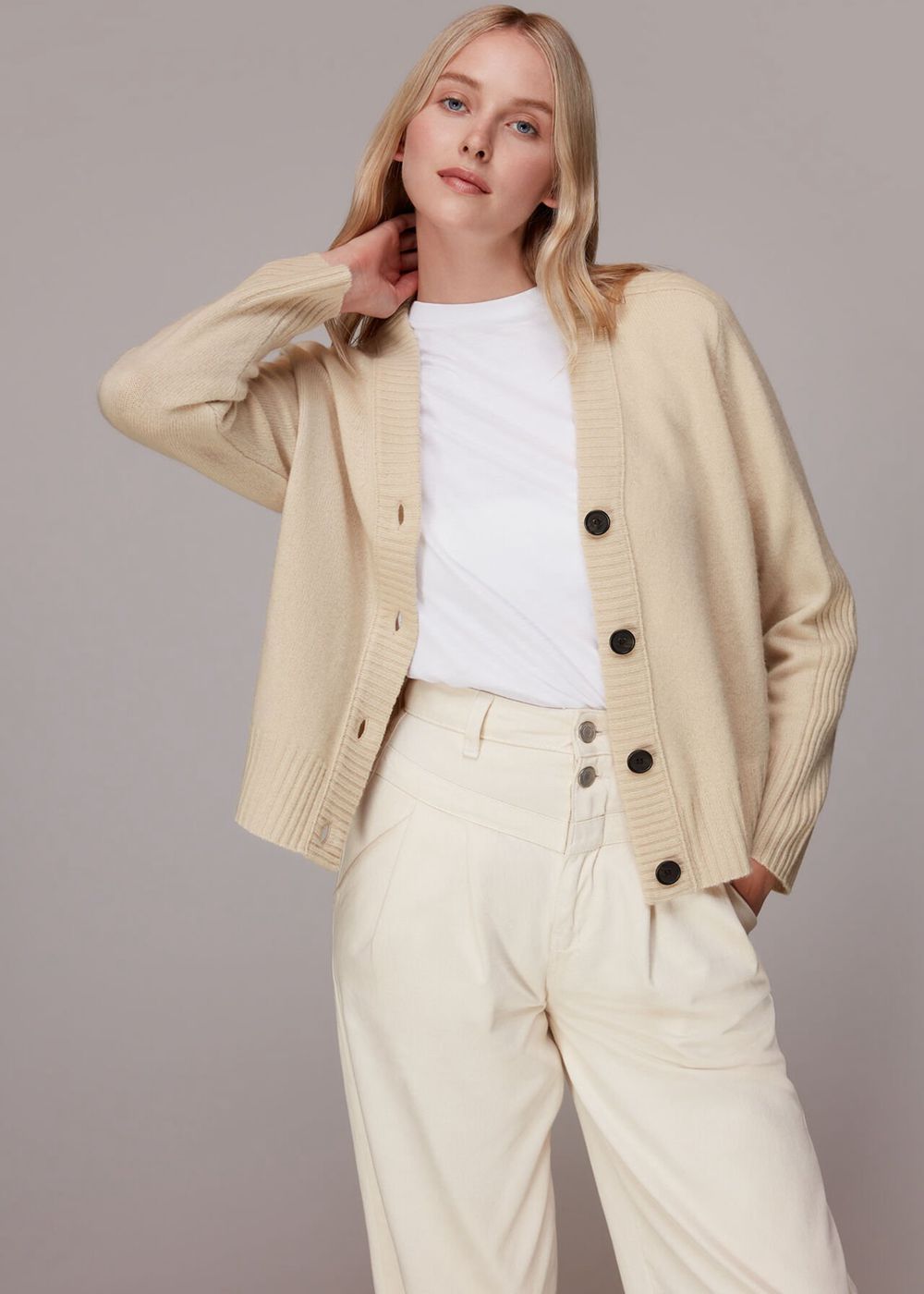 Whistles Ribbed Detail Wool Cardigan White | US-52936USTE