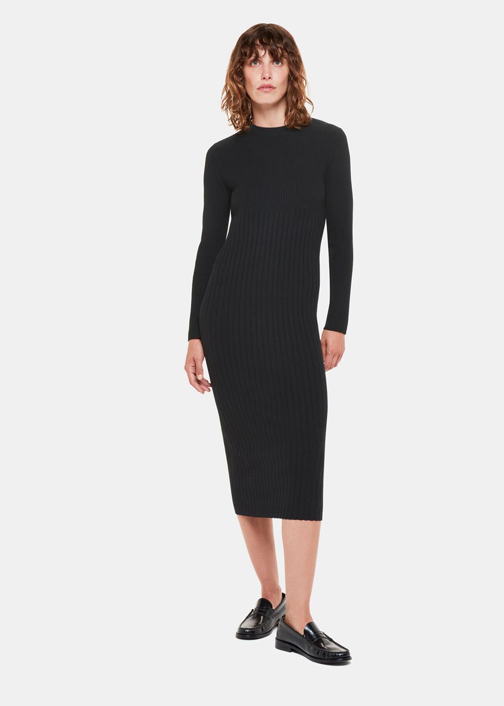 Whistles Ribbed Knitted Midi Dress Black | US-21537KZGY