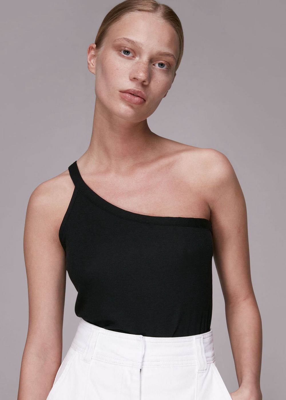 Whistles Ribbed One Shoulder Cami Top Black | US-03479DOWS