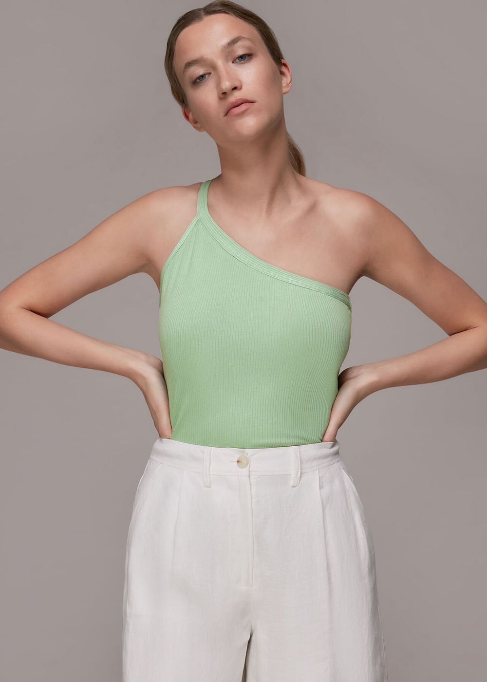 Whistles Ribbed One Shoulder Cami Top Olive Green | US-89703QVWC