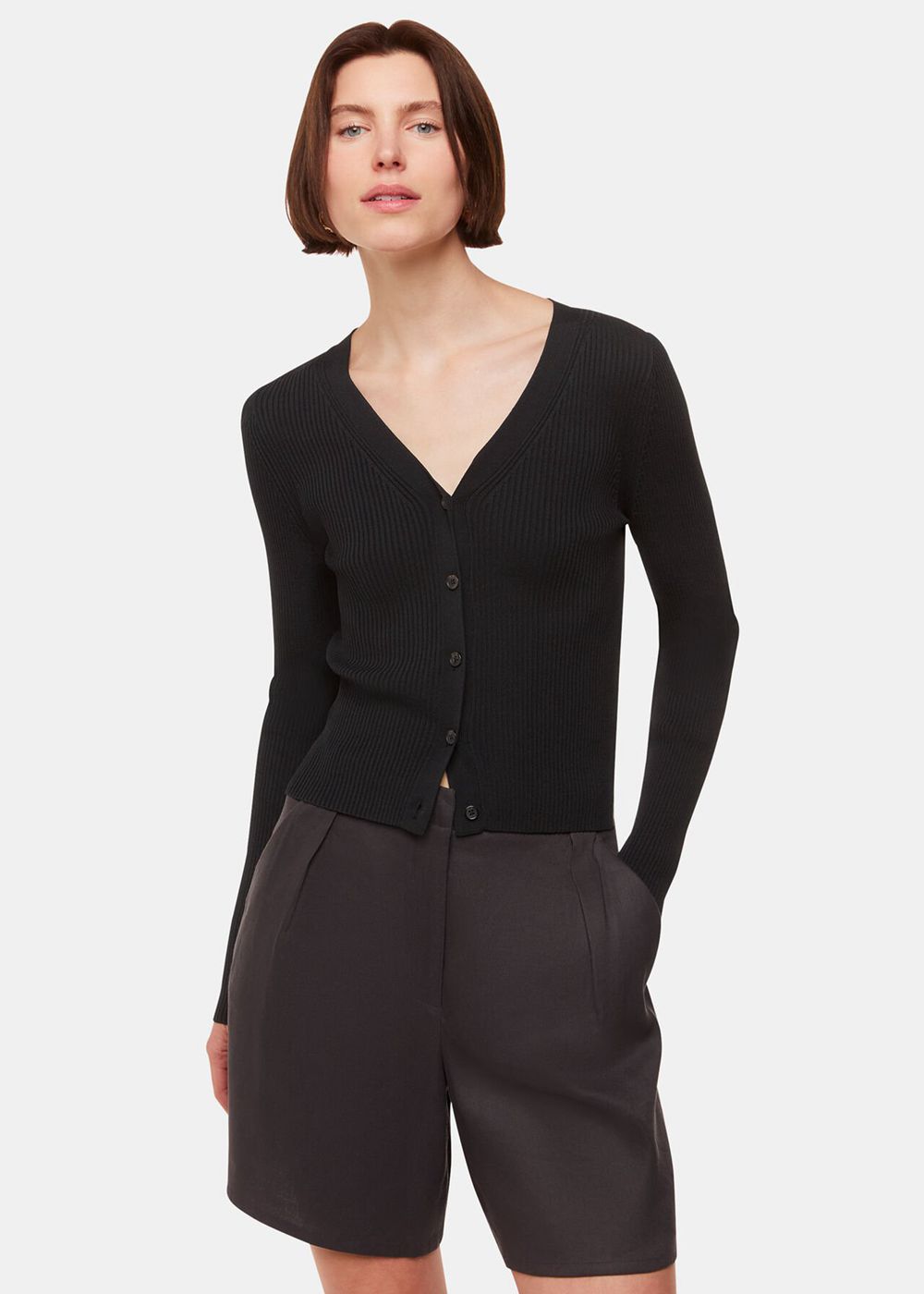 Whistles Ribbed V Neck Cardigan Black | US-15237BZRY