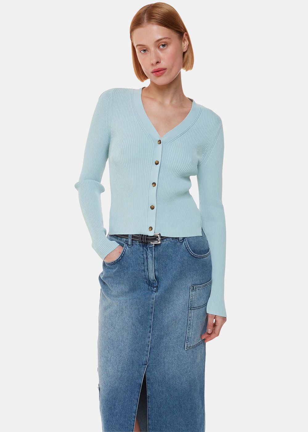 Whistles Ribbed V Neck Cardigan Blue | US-96153PTOC