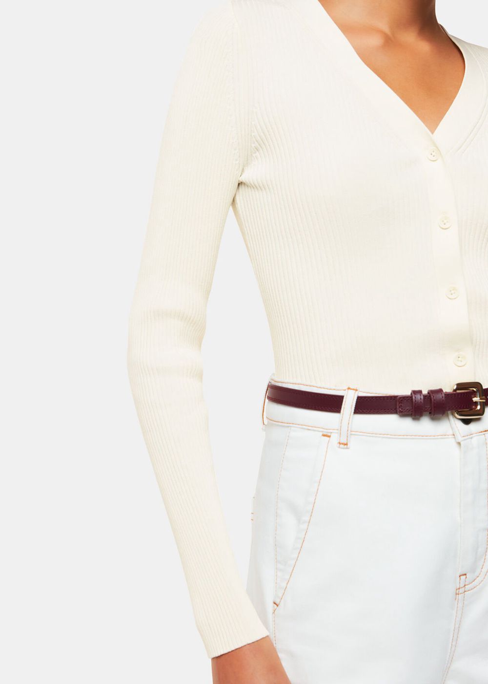 Whistles Ribbed V Neck Cardigan White | US-09815TCSG