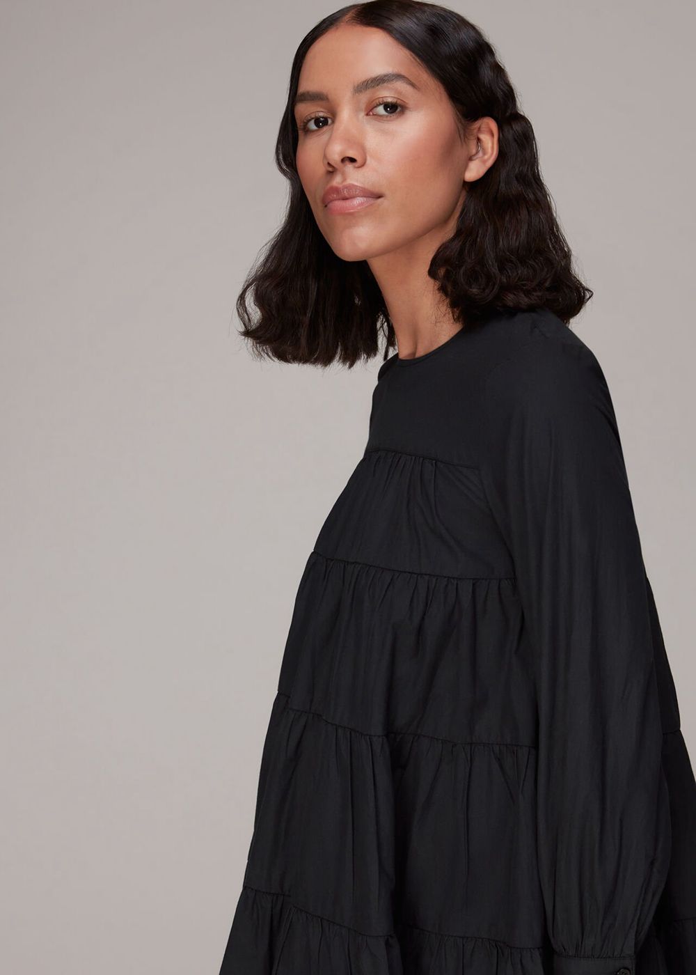 Whistles Ronnie Cotton Tiered Dress Black | US-24951OKFW