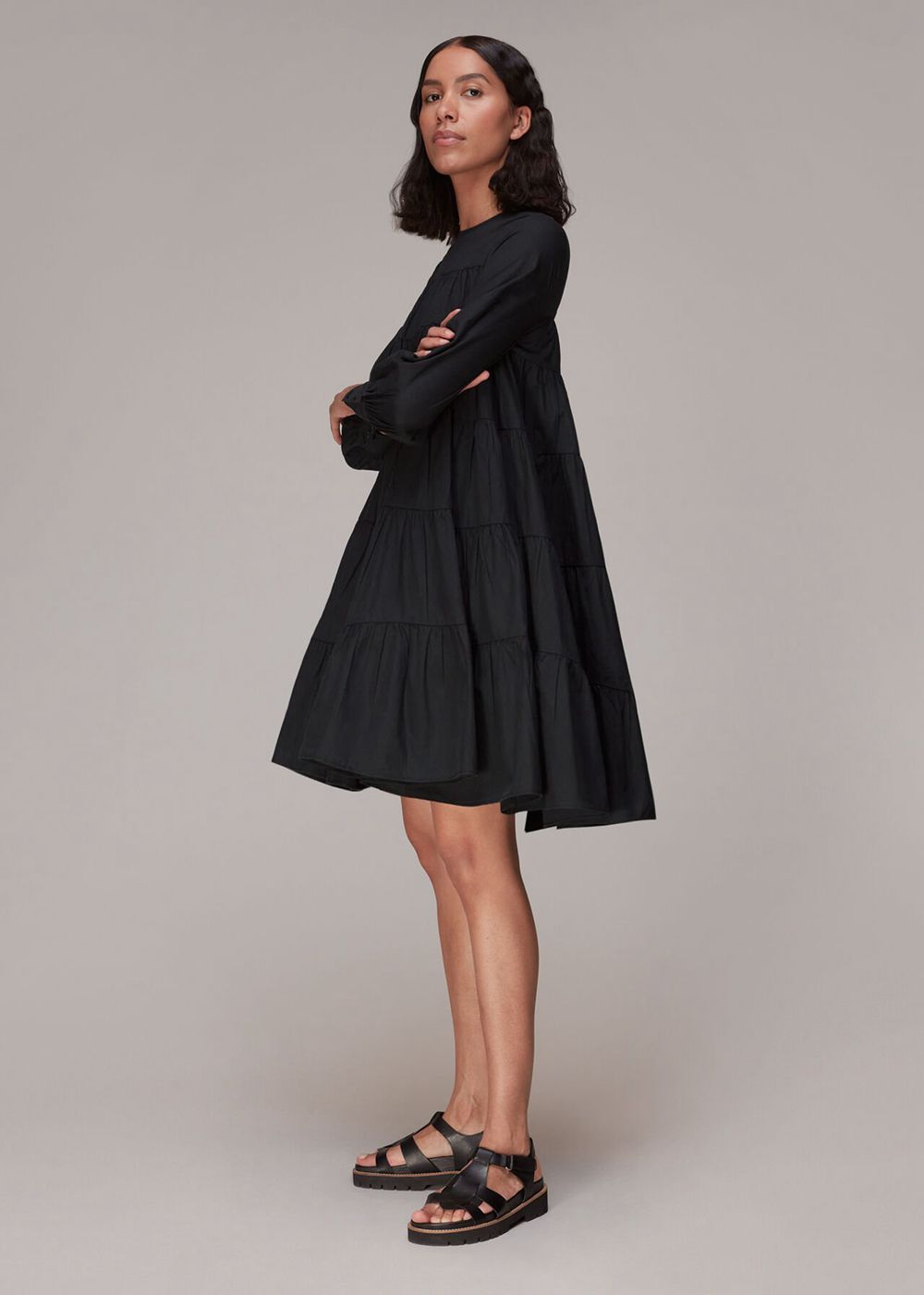 Whistles Ronnie Cotton Tiered Dress Black | US-24951OKFW