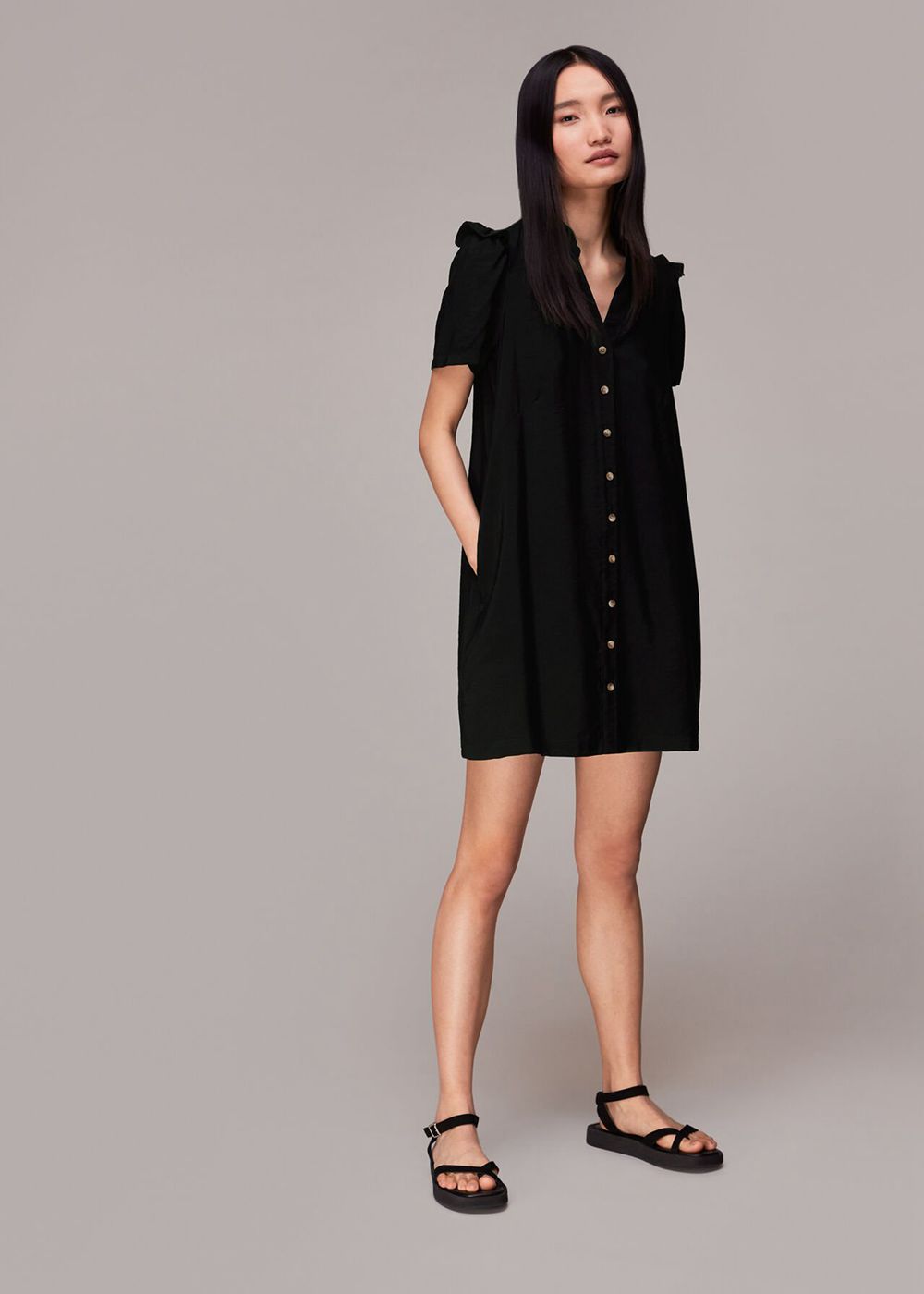 Whistles Rosalie Button Through Dress Black | US-10854FWSH