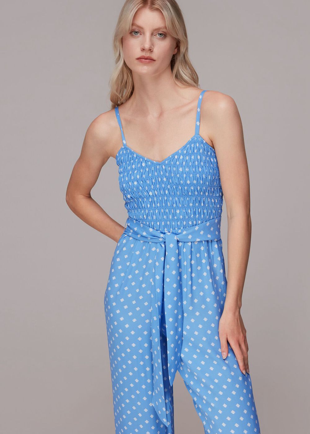 Whistles Rounded Leaf Shirred Jumpsuit Blue / Multicolor | US-36105XQTG