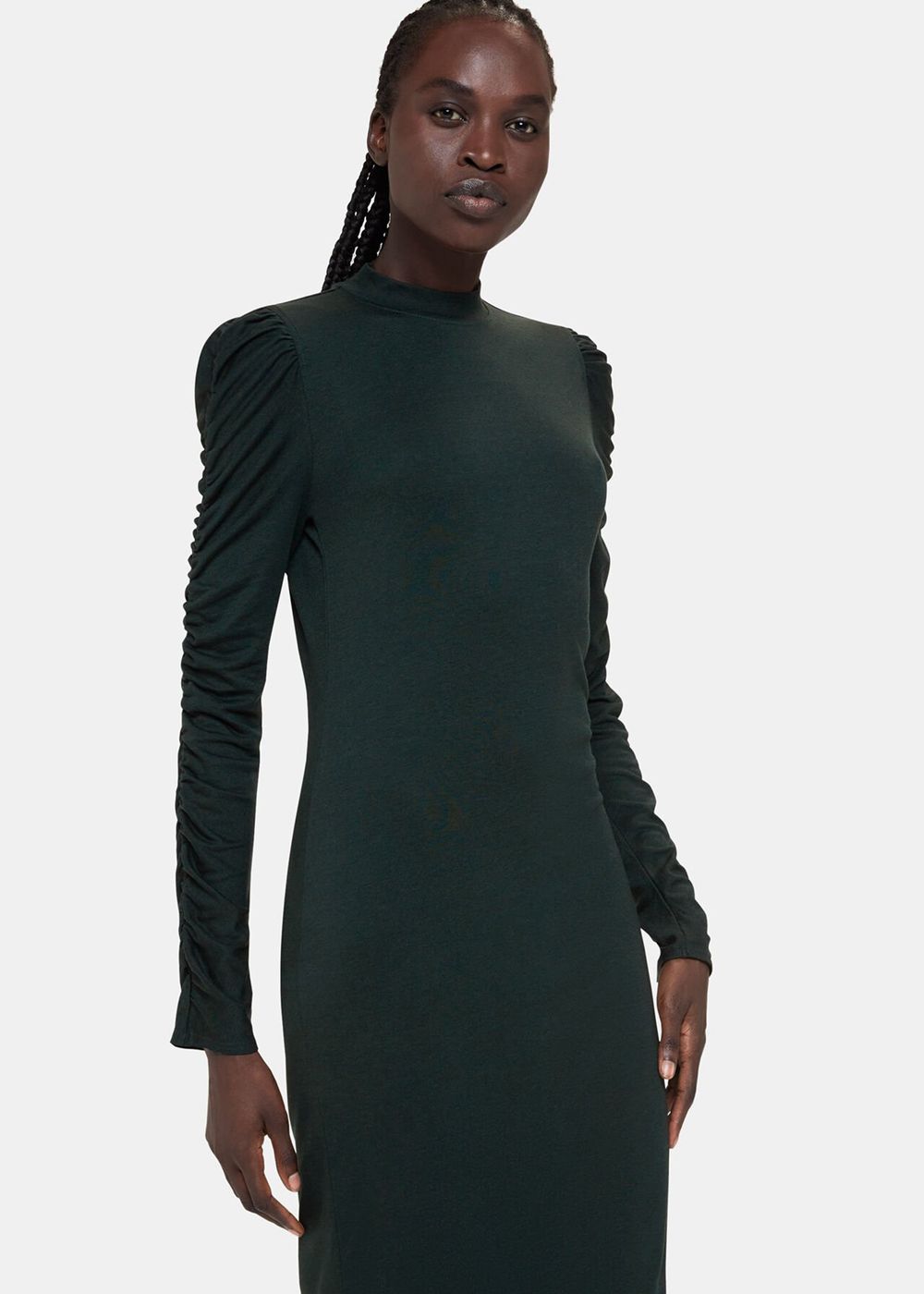 Whistles Ruched Sleeve Jersey Dress Dark Green | US-43621SQDC