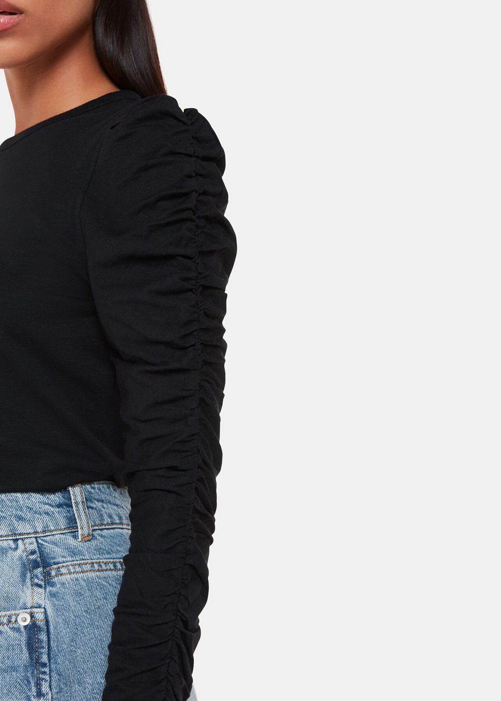 Whistles Ruched Sleeve Top Black | US-12439SQIX