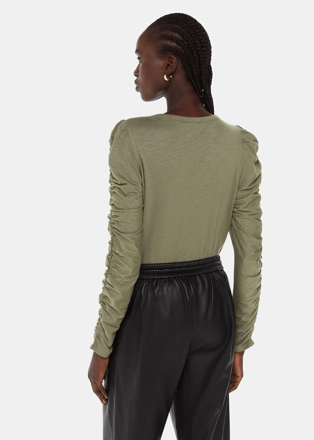 Whistles Ruched Sleeve Top Khaki | US-13256HJLF