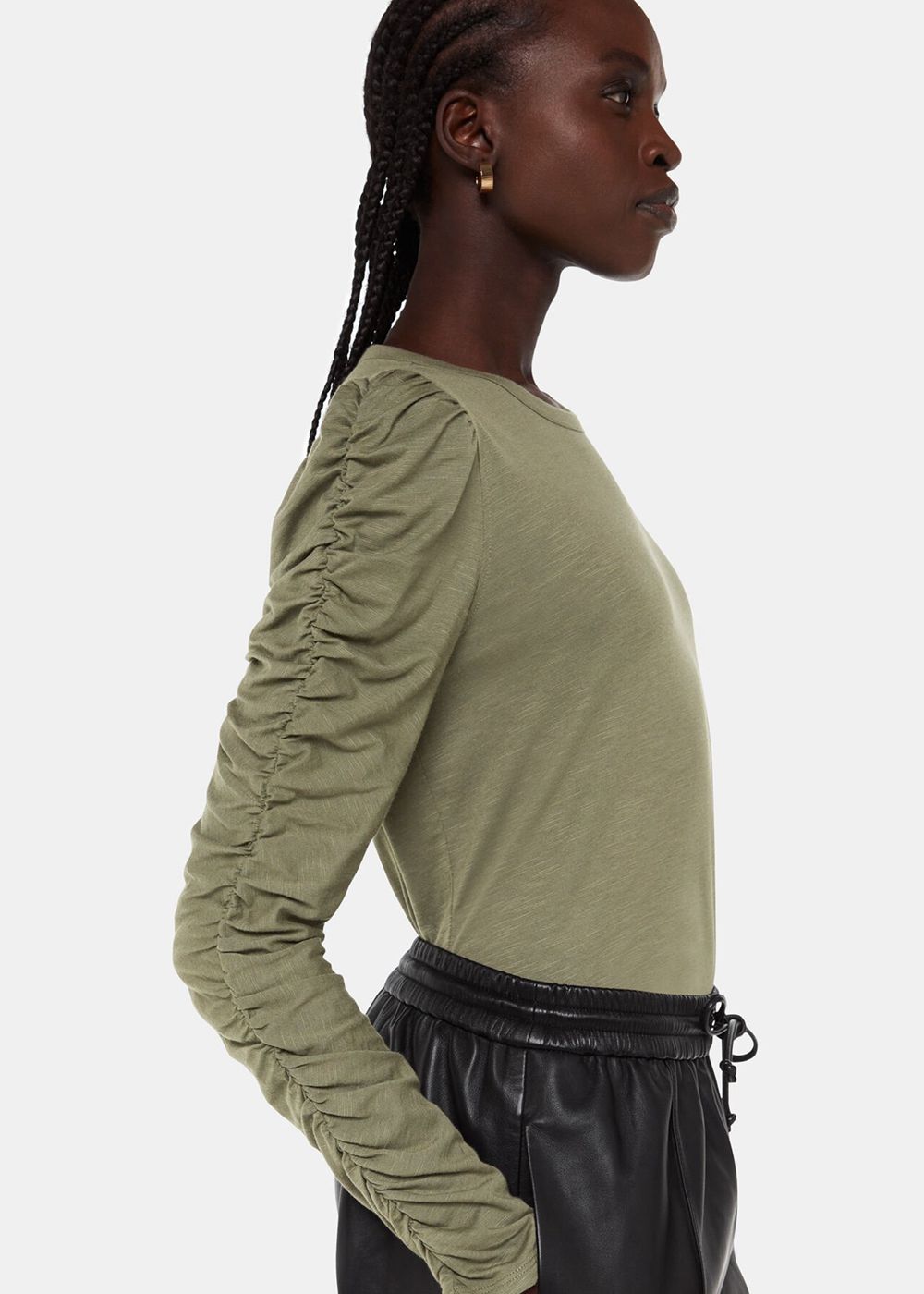 Whistles Ruched Sleeve Top Khaki | US-13256HJLF