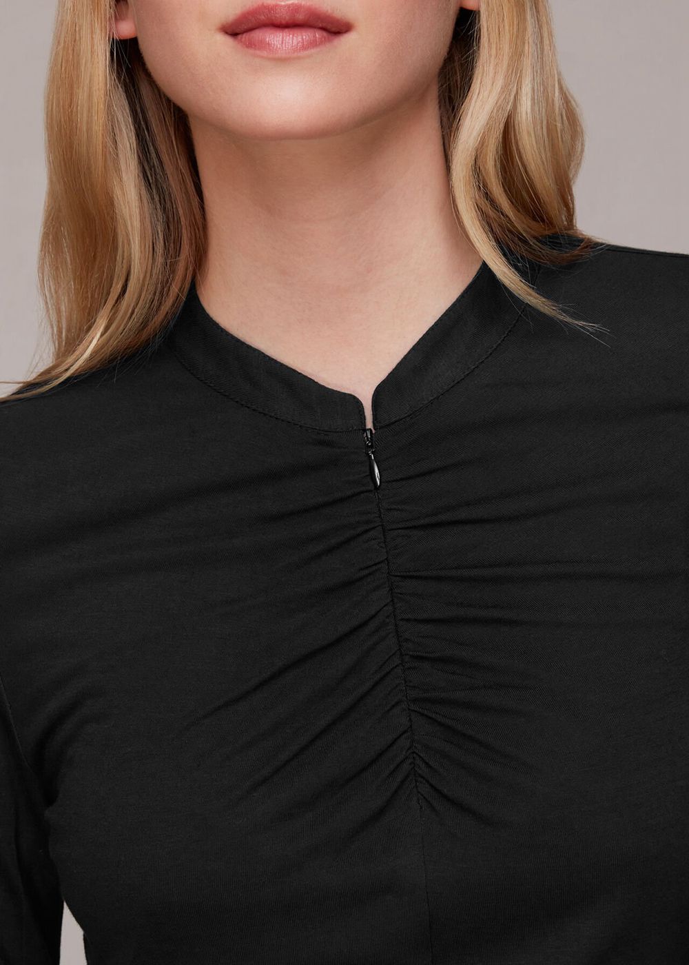 Whistles Ruched Zip Neck Top Black | US-75368ZIPB