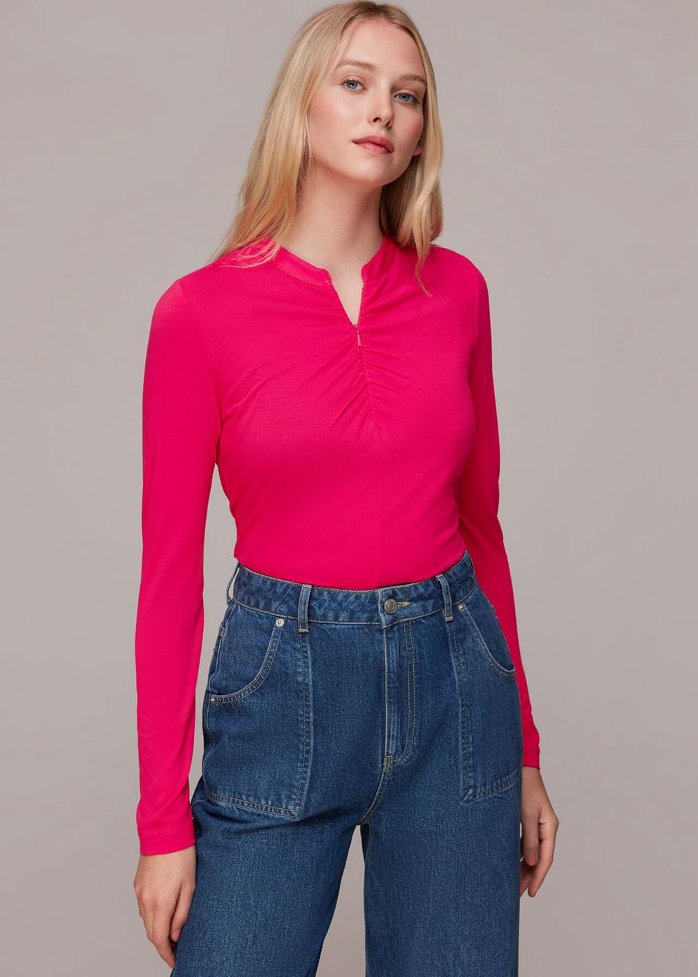 Whistles Ruched Zip Neck Top Pink | US-94183QILX