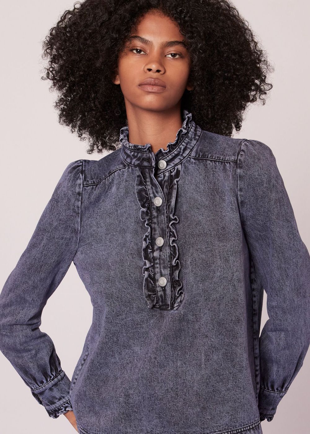 Whistles Ruffle Acid Wash Denim Blouse Wash | US-67219JSVL