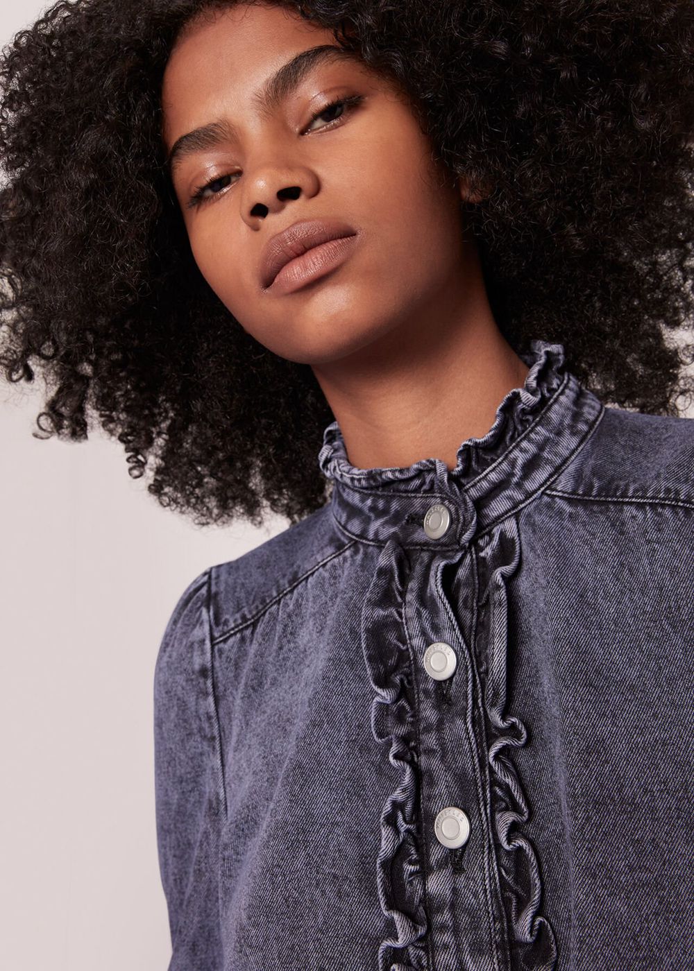 Whistles Ruffle Acid Wash Denim Blouse Wash | US-67219JSVL