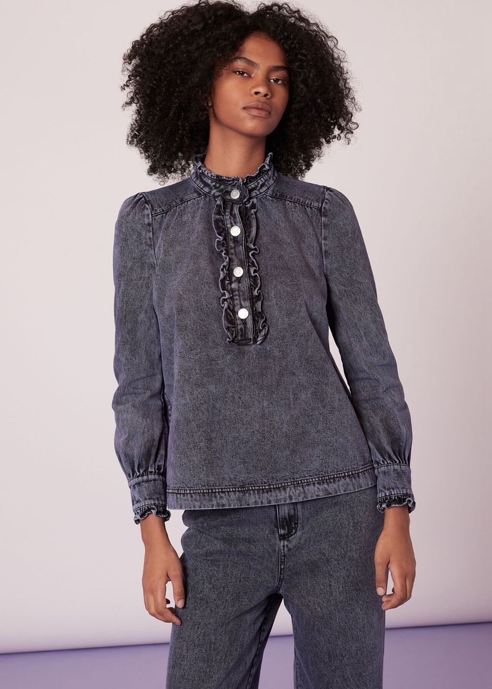 Whistles Ruffle Acid Wash Denim Blouse Wash | US-67219JSVL