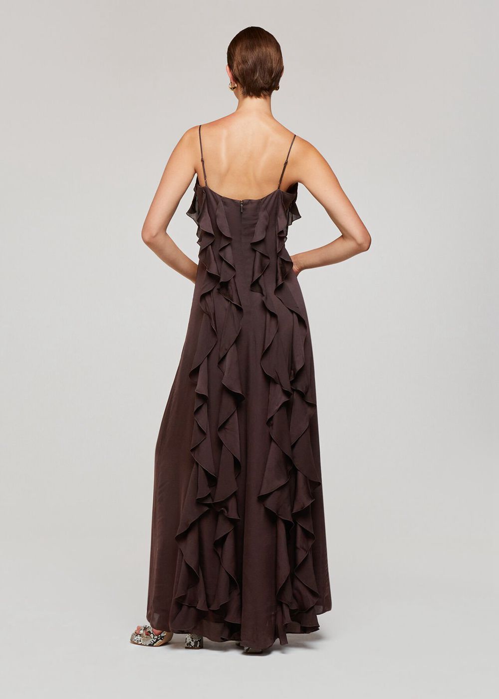 Whistles Ruffle Maxi Dress Chocolate | US-82736MQXC