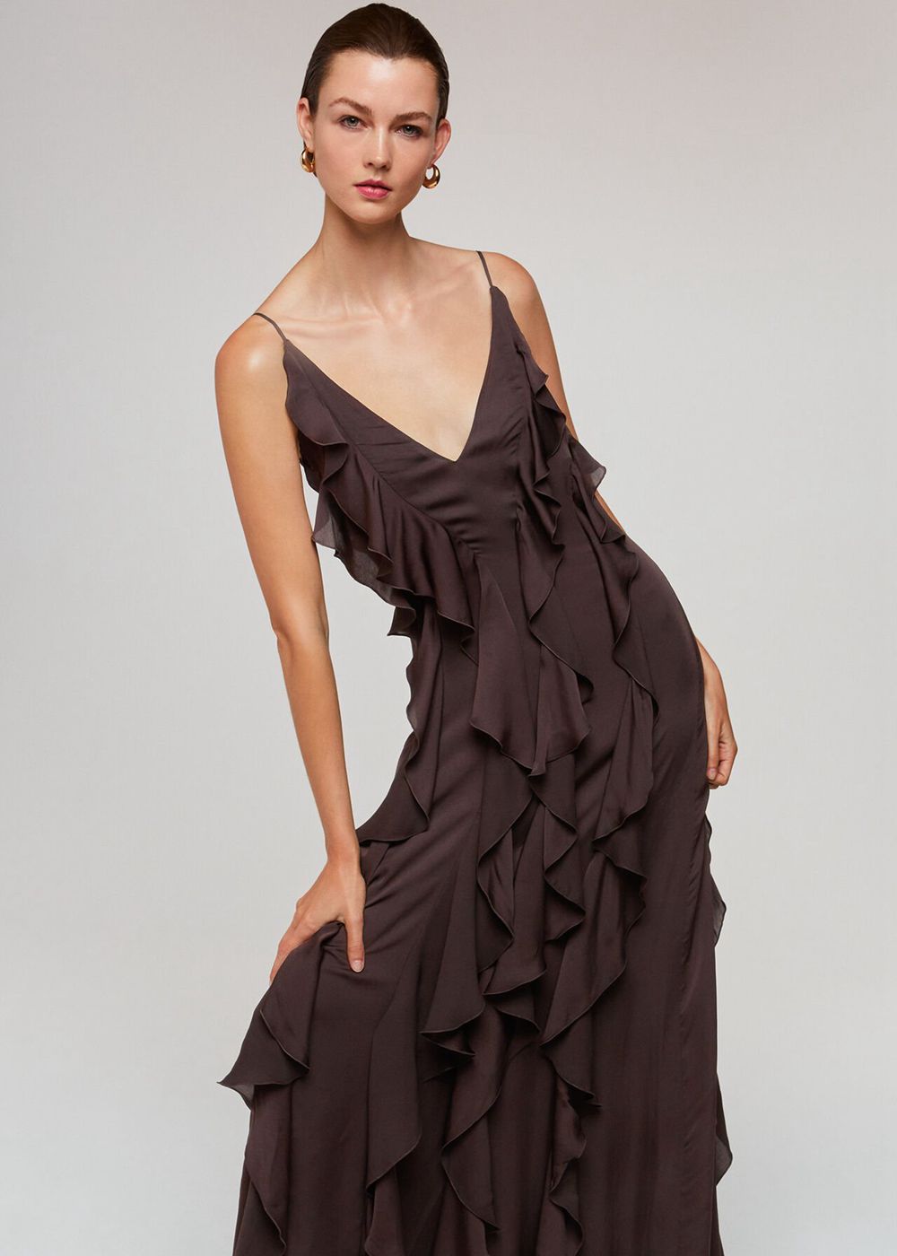 Whistles Ruffle Maxi Dress Chocolate | US-82736MQXC