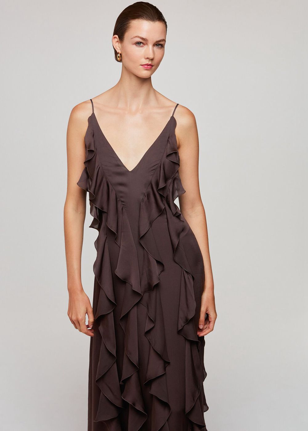 Whistles Ruffle Maxi Dress Chocolate | US-82736MQXC