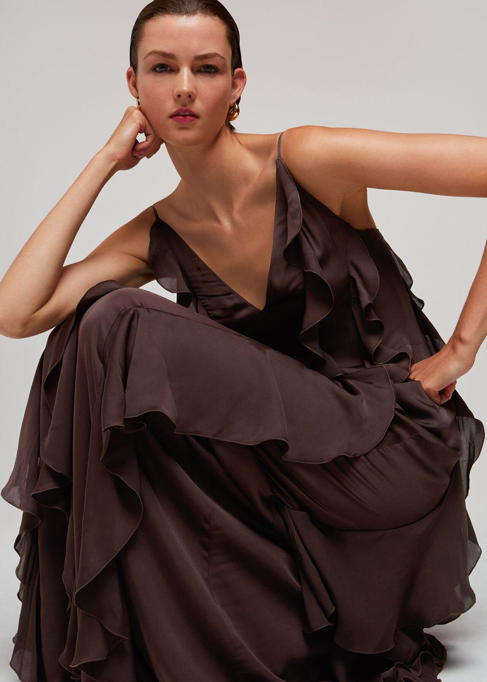 Whistles Ruffle Maxi Dress Chocolate | US-82736MQXC