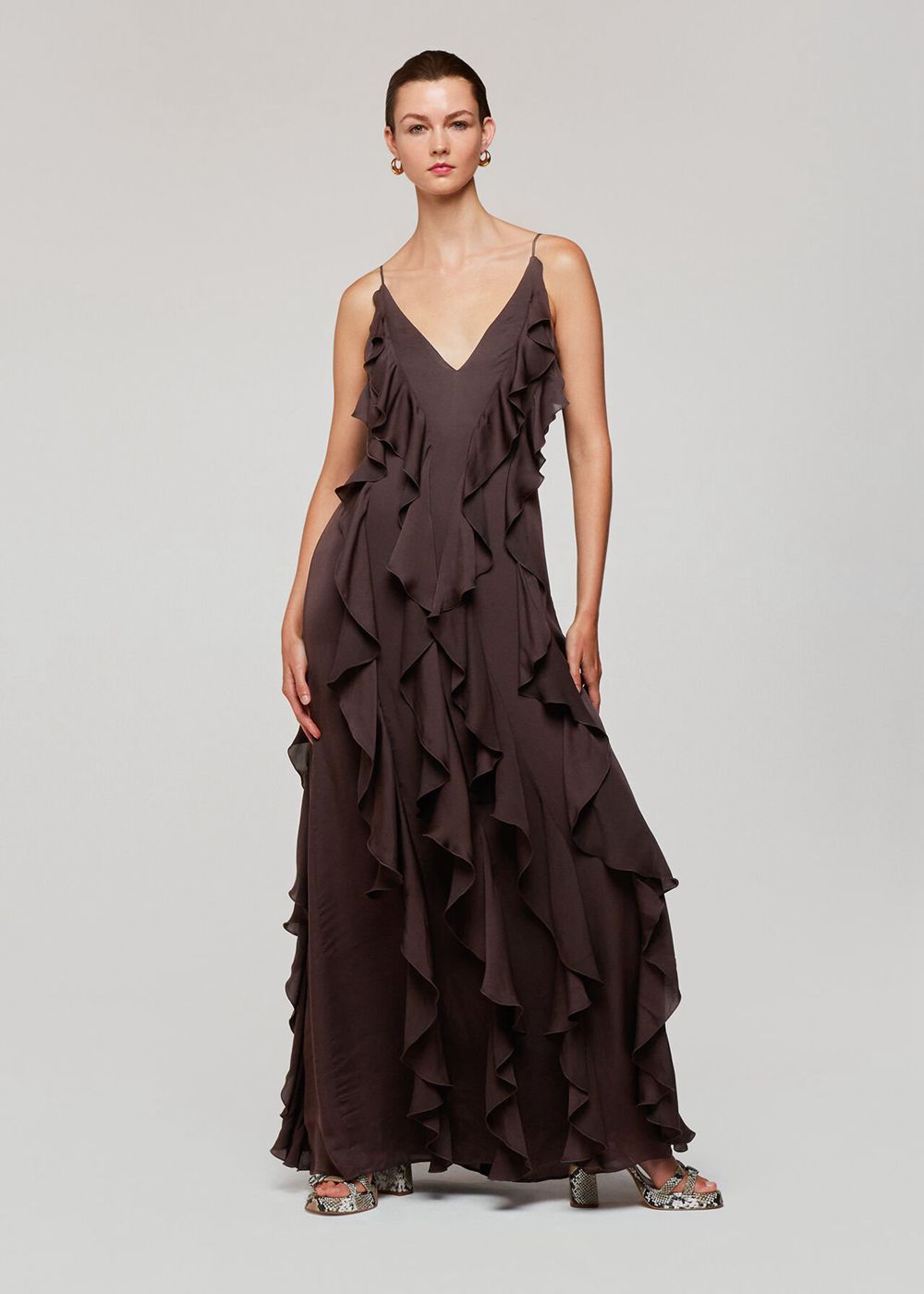 Whistles Ruffle Maxi Dress Chocolate | US-82736MQXC