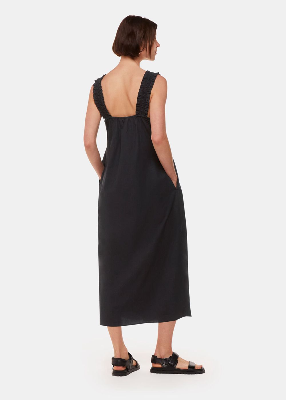 Whistles Ruffle Strap Poplin Midi Dress Black | US-37012UOQL