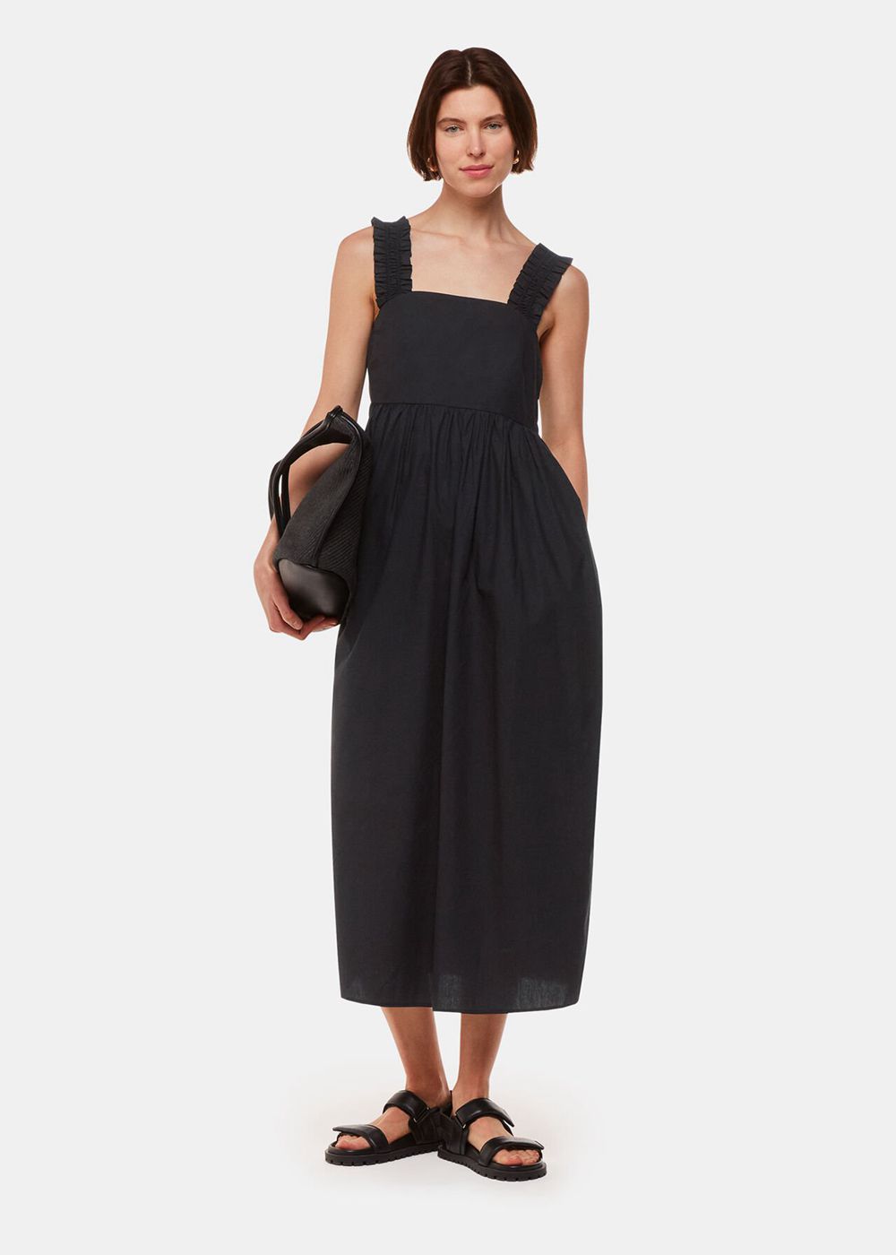 Whistles Ruffle Strap Poplin Midi Dress Black | US-37012UOQL