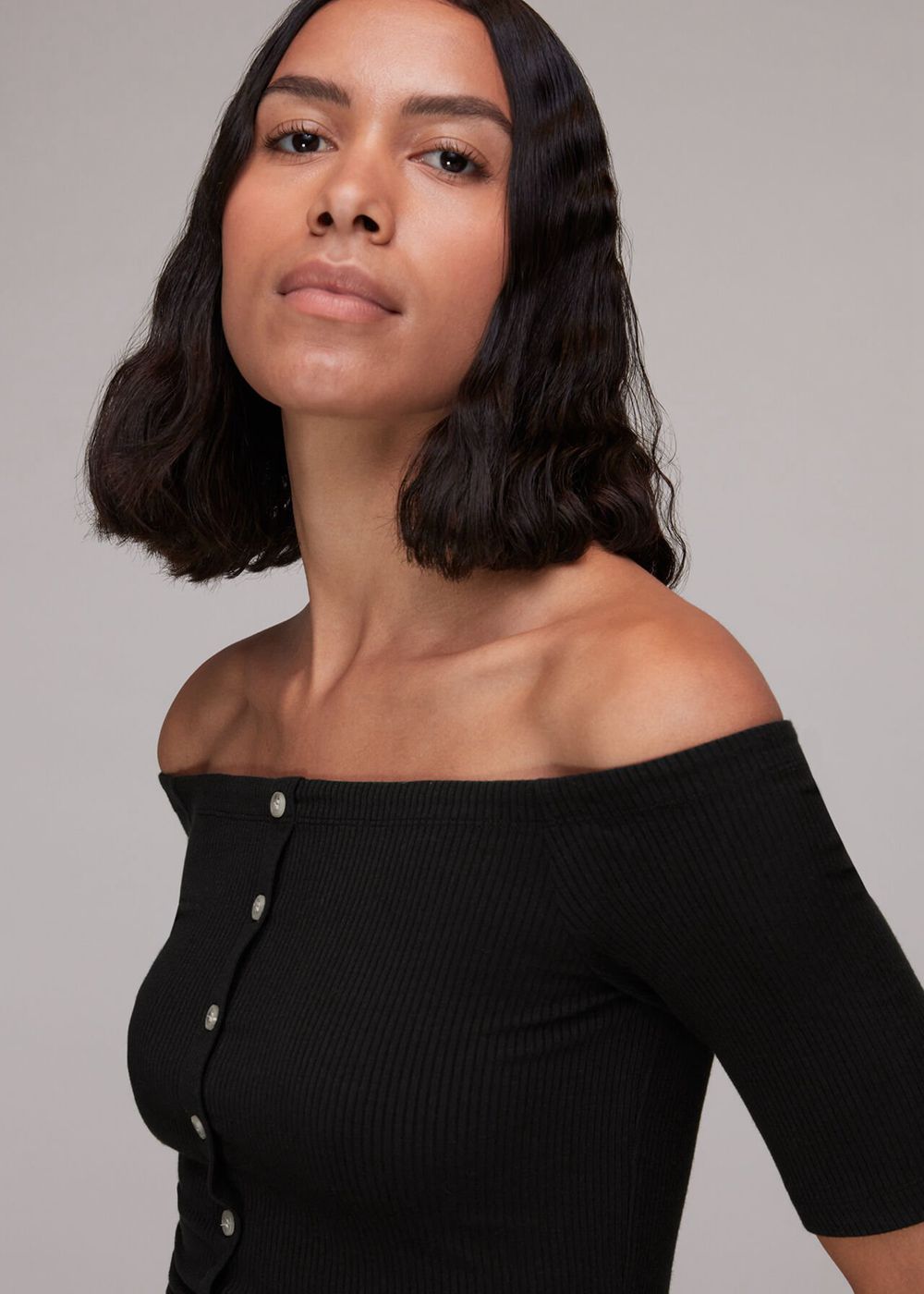 Whistles Rumi Ribbed Bardot Top Black | US-13680WESN